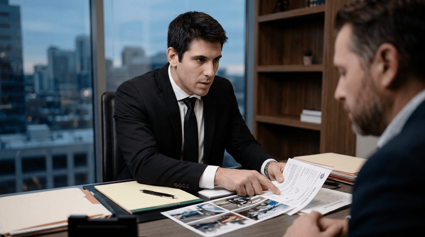 Car accident lawyer reviewing accident photos and police report with client