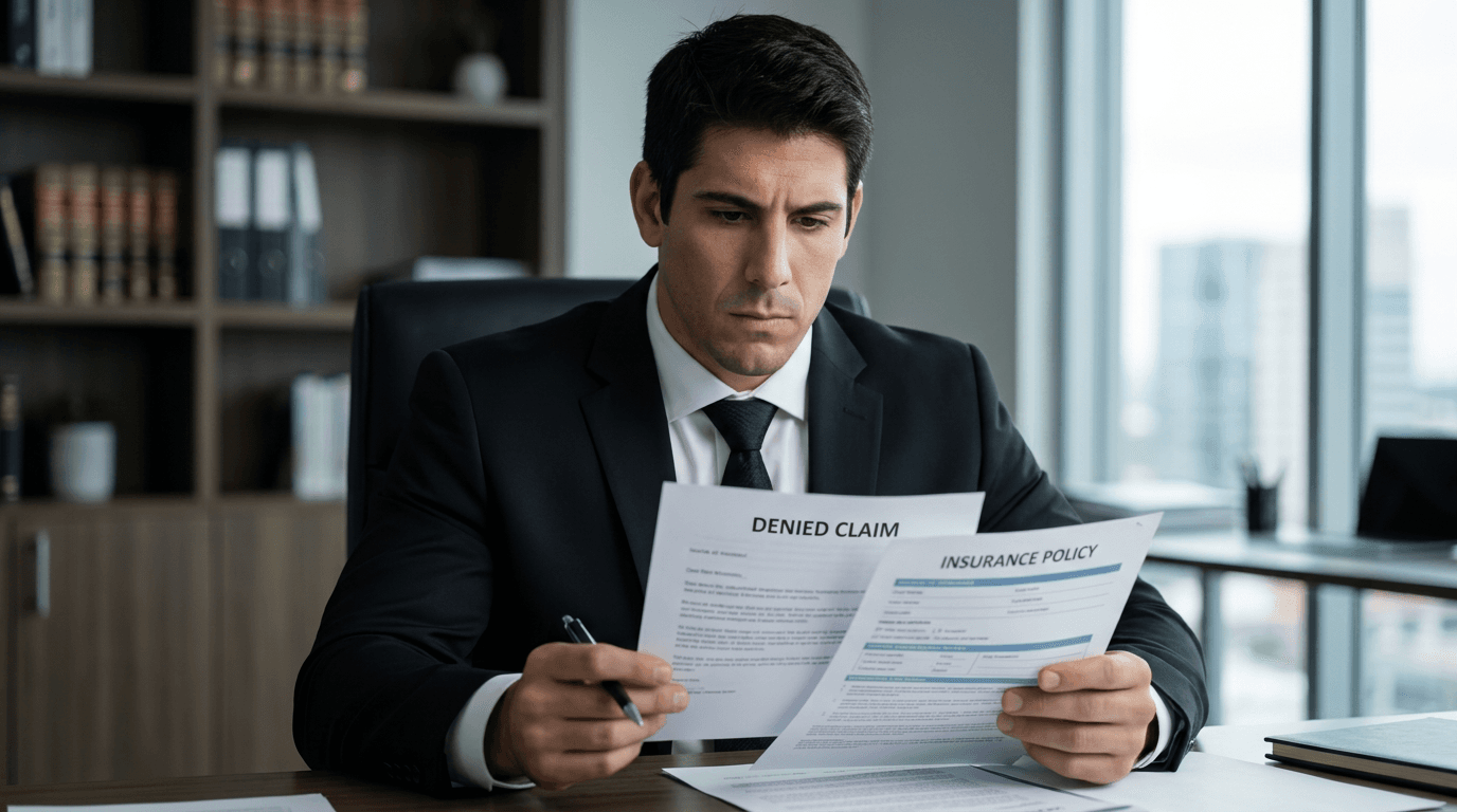 Car insurance attorney reviewing denied claim letter and policy documents