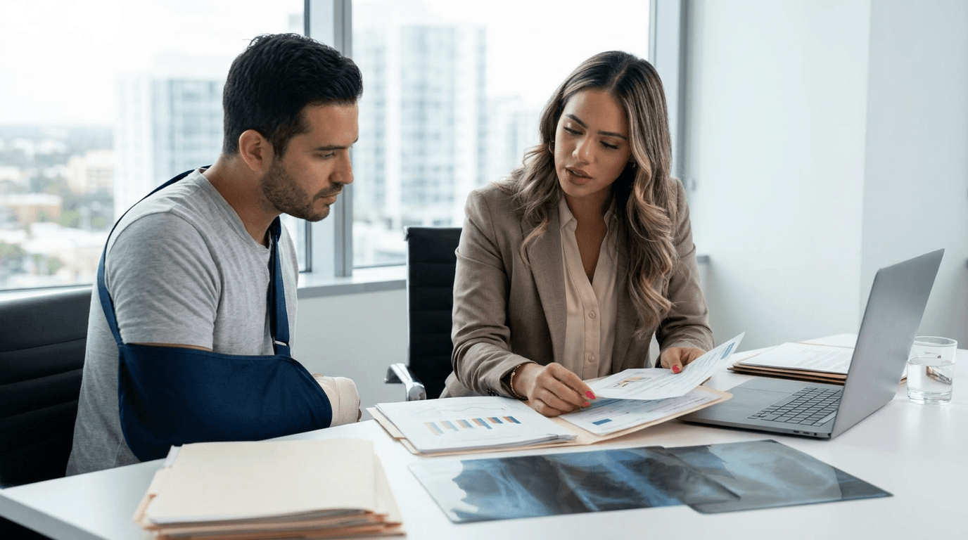 Dog bite lawyer reviewing medical records of injury with client