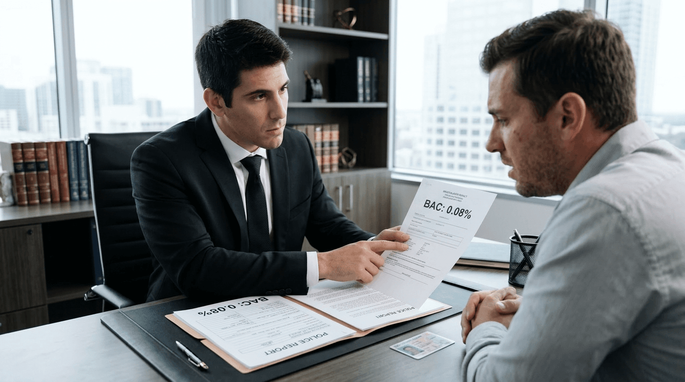 DUI accident lawyer reviewing police report and breathalyzer results with client