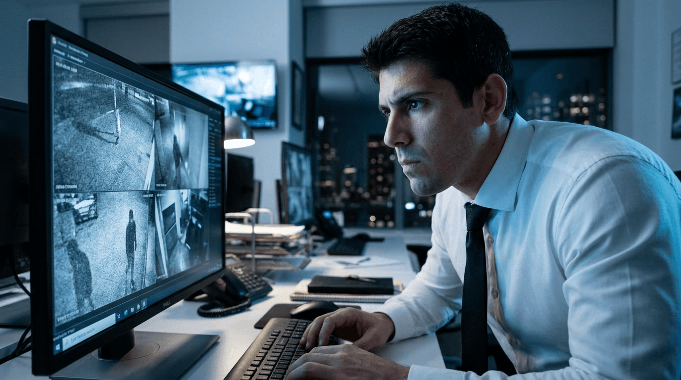 Hit and run accident lawyer analyzing surveillance footage evidence