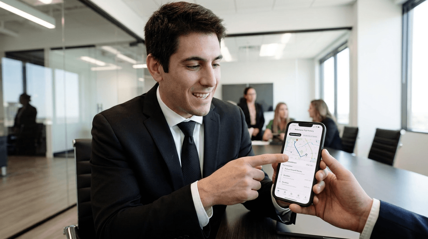Rideshare accident lawyer reviewing app trip data on smartphone with client