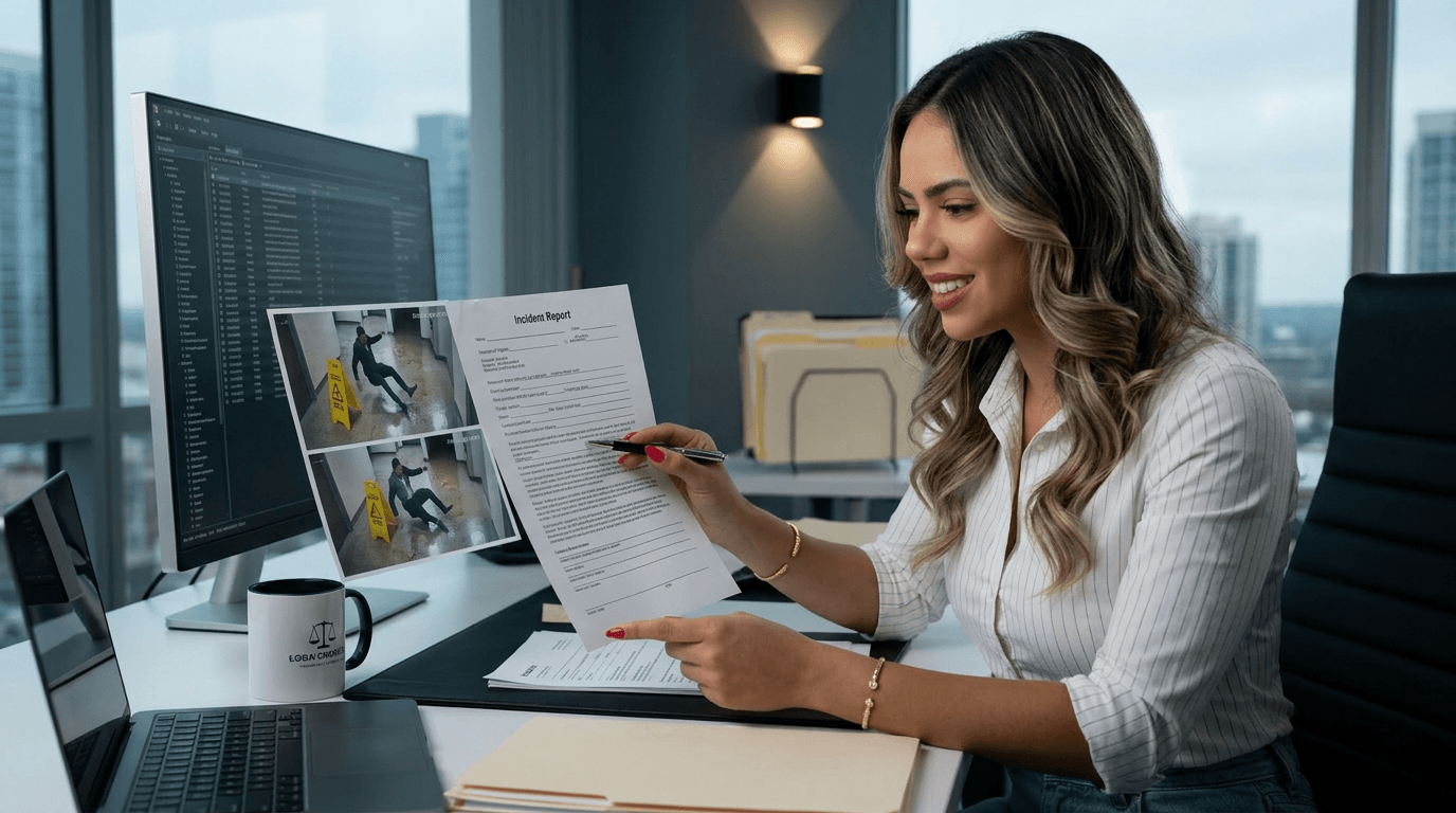 Slip and fall lawyer reviewing security footage evidence with client
