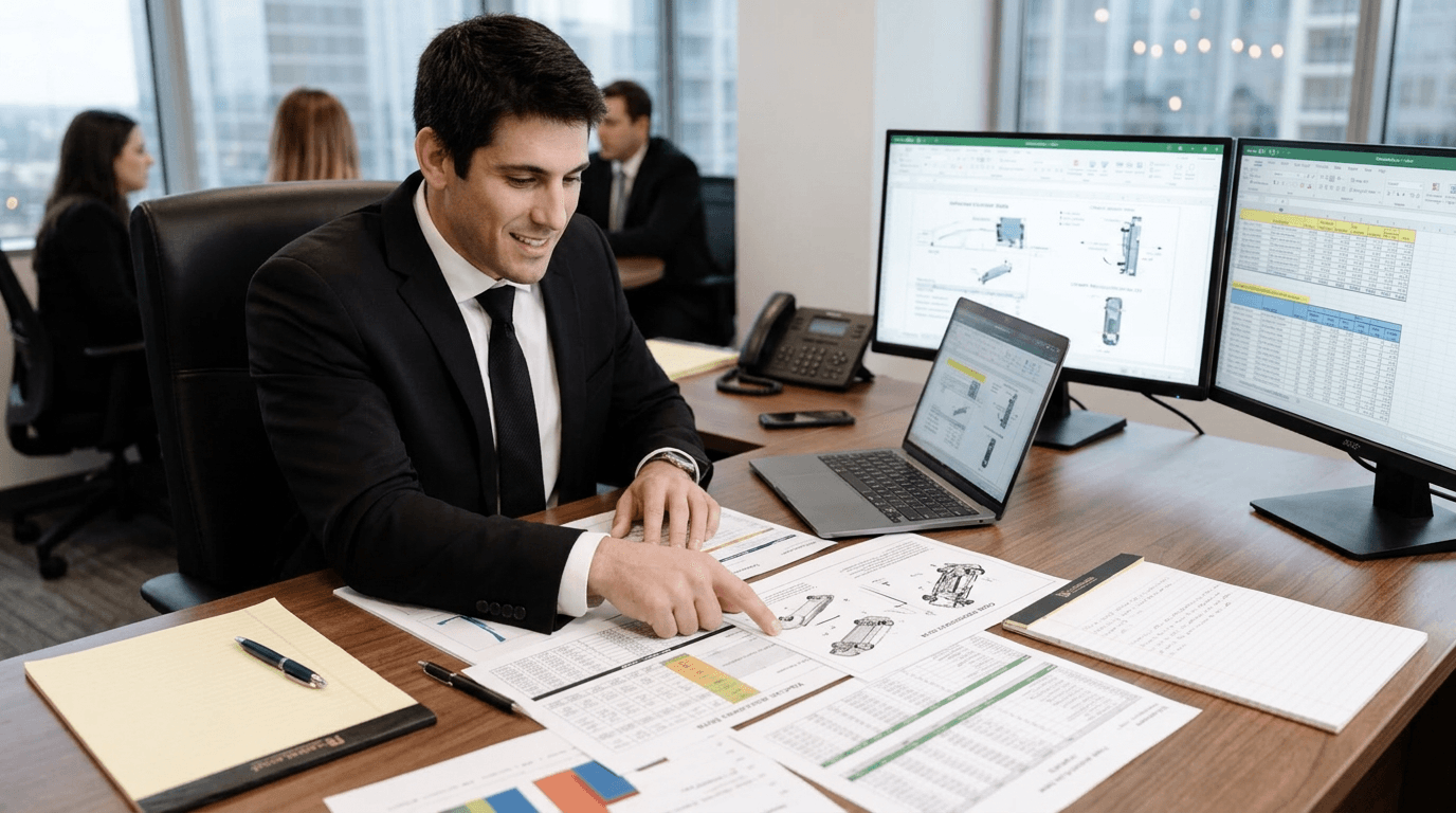 SUV accident lawyer examining rollover crash photos with client