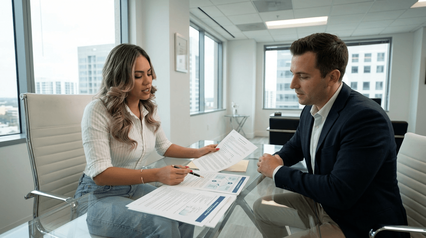 Uninsured motorist lawyer reviewing insurance policy documents with client