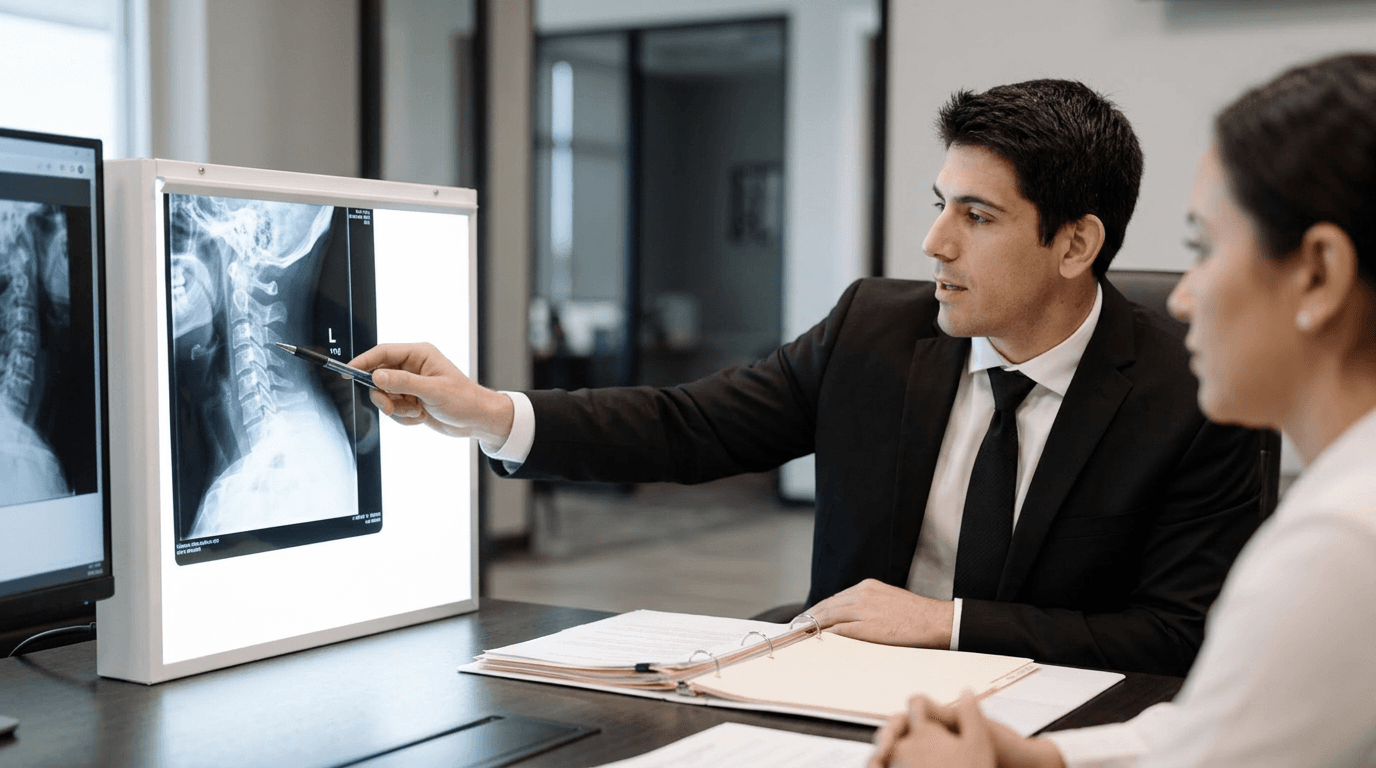 Whiplash injury lawyer discussing neck spine X-rays with client