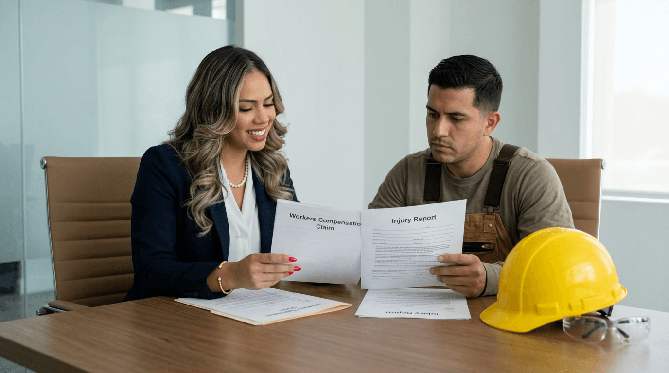 Work injury lawyer reviewing workers compensation claim documents with client