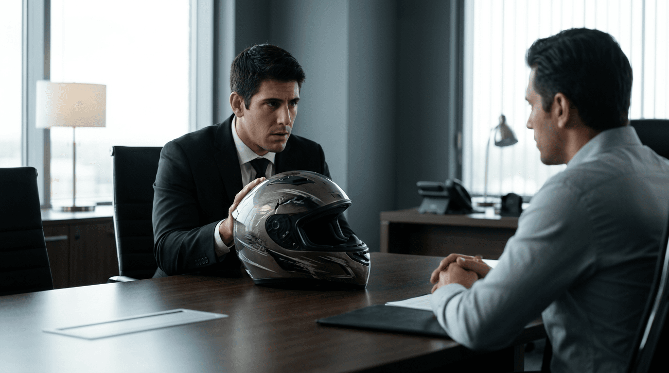 Abogado de accidentes de motocicleta examinando evidencia de casco con cliente